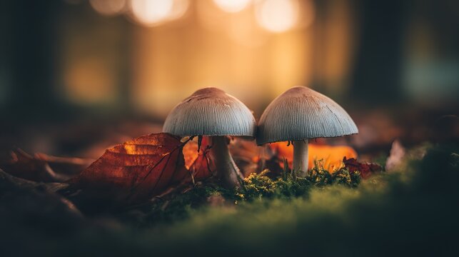 phonology. Mushrooms growing on forest floor among moss and leaves under sunlight. gardening catalogs, home-decor guides, designed for gardening and botanical catalogs, celebrates nature.