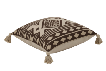 A stylish square throw pillow in brown and beige, featuring a geometric tribal pattern and decorative tassels on each corner. background removed