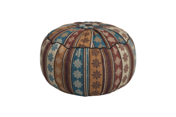 Colorful upholstered pouf with Moroccan-inspired floral and striped pattern in warm earthy tones, offering versatile seating or footrest for bohemian decor. background removed