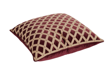 A luxurious burgundy velvet throw pillow featuring an intricate beige geometric lattice pattern, perfect for elegant home decor. background removed