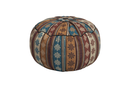 Colorful upholstered pouf with Moroccan-inspired floral and striped pattern in warm earthy tones, offering versatile seating or footrest for bohemian decor. background removed