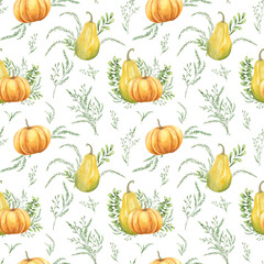 Watercolor seamless pattern of pumpkins among green meadow grasses and ears on isolated background. Hand drawn autumn orange green ornate in rustic style. Fall illustration for harvest festival design