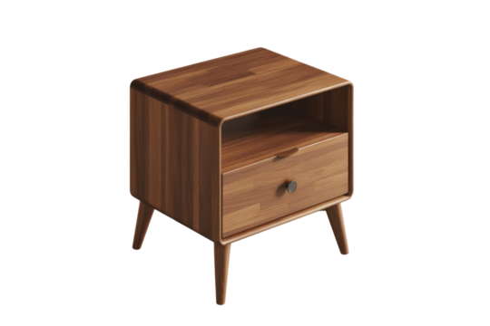 A modern wooden nightstand featuring an open shelf and a single drawer with a dark knob, supported by tapered legs. background removed