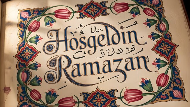 Hoşgeldin Ramazan calligraphy with traditional floral border. "Welcome Ramadan" Turkish greeting in an elegant, classic Ottoman art style