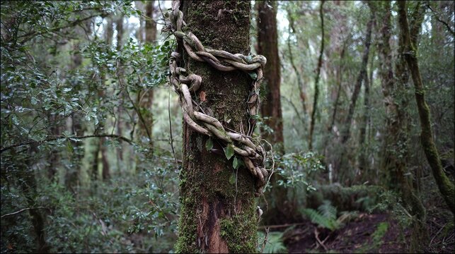 uneducated. A tightly wrapped vine constricting a tree trunk in a forest, botanical detail. gardening catalogs, home-decor guides, designed for home decor and floral branding.