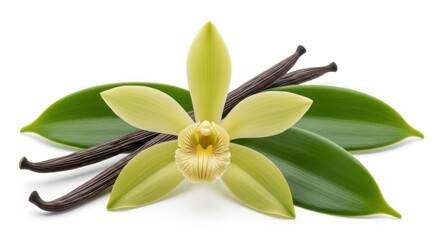 Delicate vanilla orchid bloom, pods, and leaves on white