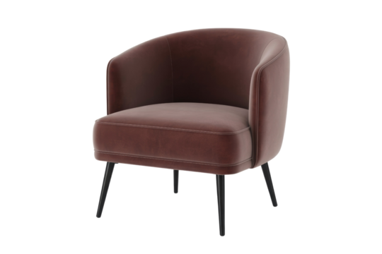 Elegant brown velvet accent chair with a gracefully curved back and integrated armrests. Supported by sleek black tapered legs, perfect for contemporary decor. background removed