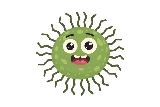 A cheerful, green cartoon microbe with big eyes and wavy tentacles smiles happily, representing a friendly germ or virus character. background removed