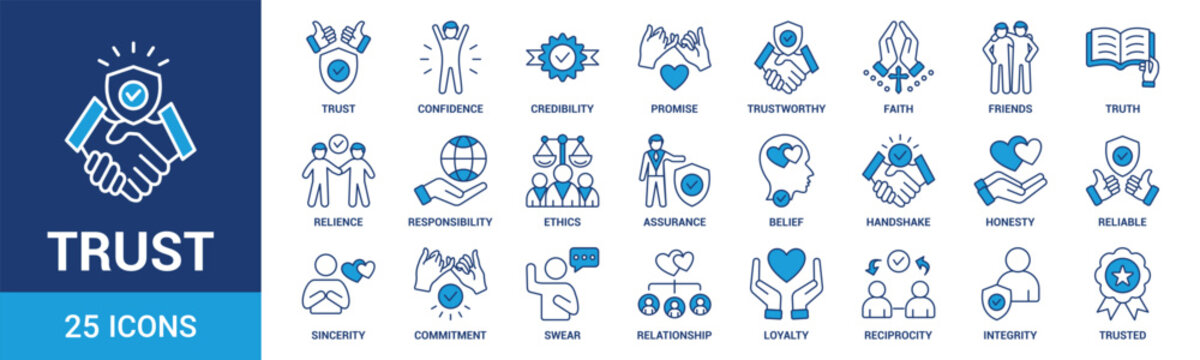 Trust icon set. Containing confidence, credibility, promise, trustworthy, friends, truth, faith, sincerity and honesty. Vector Blue icons collection.