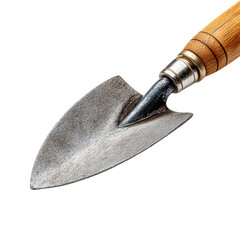 A garden trowel featuring a metal blade and wooden handle is placed on a smooth surface, illuminated well