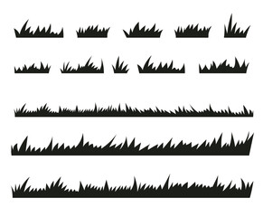 Set of black flat grass silhouette isolated on white background.. Vector illustration. 