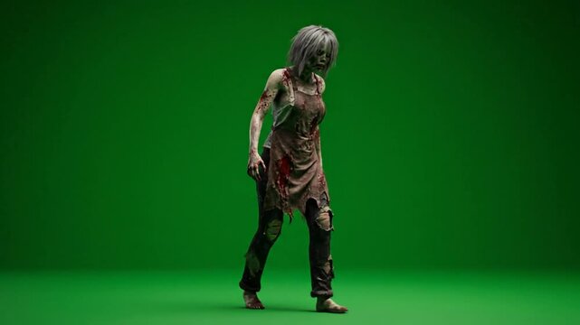 Horror Undead Woman Standing on Green Screen Background Wearing Torn Apron and Bloody Clothes with Grey Hair and Eerie Expression
