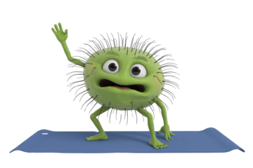 A green, spiky cartoon germ with wide eyes and a surprised expression does a yoga pose on a blue mat, raising one arm. background removed