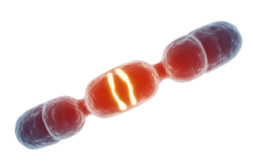 A 3D render shows a segmented biological structure. Its glowing core reveals internal components, illustrating active cellular processes like division or replication. background removed
