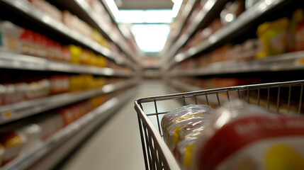 Navigating the aisles of a grocery store, a shopping cart in tow. Shelves are stocked with a variety of products, creating a seemingly endless selection for shoppers to explore and discover.