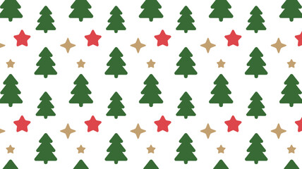 Repeating pattern of green christmas trees and red and gold stars on a white background design