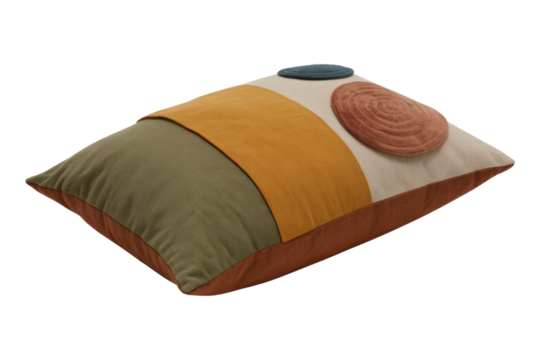 Modern rectangular throw pillow, color blocked: olive, mustard, beige. Features teal circle, textured terracotta spiral appliqu? artistic home decor accent. background removed - Powered by Adobe