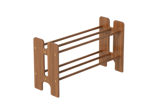 A minimalist, three-tier wooden shoe rack with a natural brown finish. Ideal for efficient footwear storage and home organization. background removed