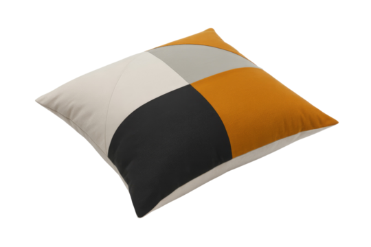 Modern geometric throw pillow featuring a striking color-block design with black, orange, grey, and off-white curved segments, isolated for home decor. background removed - Powered by Adobe