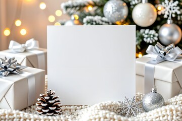 Minimal Christmas scene with blank card, elegant white gifts, and silver ornaments on cozy soft background, perfect for holiday greeting or branding mockup.