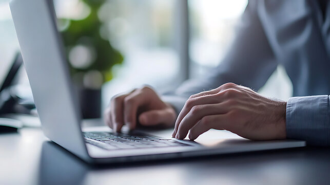 Hands typing on a laptop keyboard, focused on productivity, with bright lighting. Workplace efficiency and modern technology for getting things done efficiently.