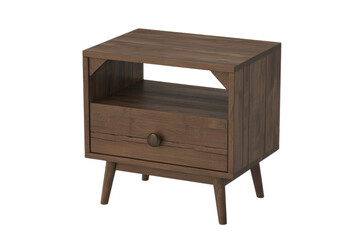 Rustic dark brown wooden nightstand with an open shelf, single drawer featuring a round knob, and stylish tapered legs. background removed