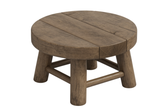 A rustic round wooden stool with a planked top and four sturdy legs, featuring a natural distressed texture, ideal for various interior designs. background removed