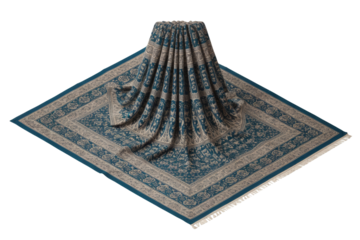 Ornate teal and beige traditional area rug with intricate floral patterns, elegantly draped and spread, showcasing its luxurious design and fine craftsmanship. background removed