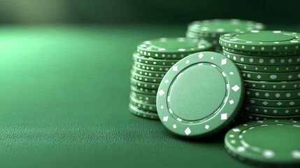 A collection of green poker chips is neatly stacked on a smooth table in a dimly lit setting. 
