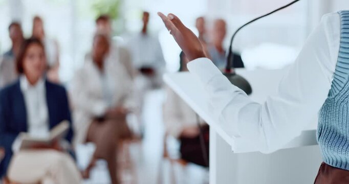 Business person, hands and back with presentation for speech, tradeshow or seminar on podium. Employee, speaker or discussion with audience, team or crowd for workshop or announcement in conference