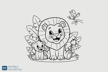 Adorable Lion and Cub Coloring Page for Kids.