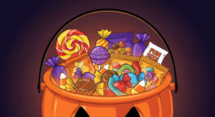 A vibrant orange pumpkin bucket overflowing with a colorful assortment of Halloween candies and treats, perfect for trick-or-treating and holiday celebrations