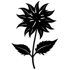 Stylized black silhouette of a sunflower with leaves on a white background