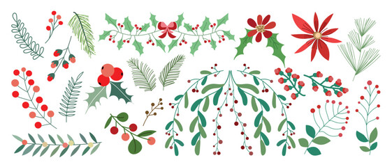 Hand drawn Christmas botanical vector elements with holly, mistletoe, berries and floral decoration, ideal for greeting cards, festive stationery, invitations and wall prints