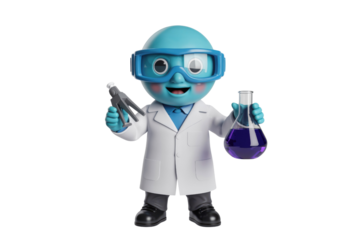 A cheerful 3D blue scientist character in a lab coat and goggles, holding a flask with purple liquid and lab tongs. background removed
