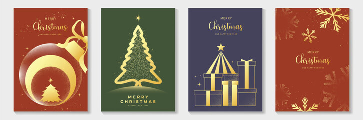 Plakat Minimal geometric Christmas card vector pack with tree, bauble and gift box designs, ideal for modern greeting cards, festive invitations and seasonal decorations