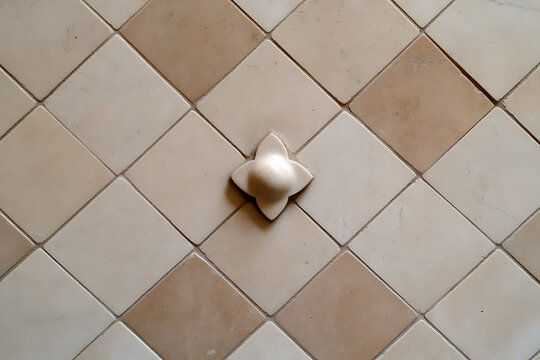 Elegant tiled pattern with a central floral accent, showcasing a blend of geometric design and subtle floral detail, perfect for backgrounds and architectural projects. - Powered by Adobe