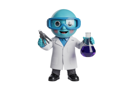 A cheerful 3D blue scientist character in a lab coat and goggles, holding a flask with purple liquid and lab tongs. background removed