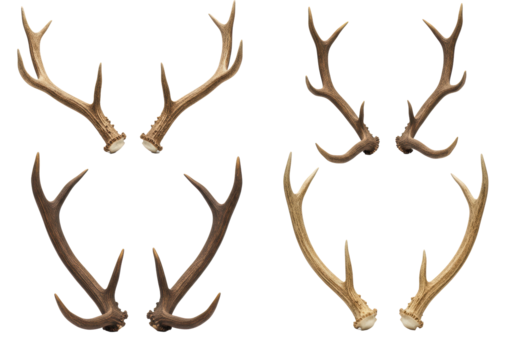 Four unique pairs of natural elk antlers with varied textures, shapes, and colors, isolated on a transparent background with copy space, bright studio lighting, concept of natural elegance and