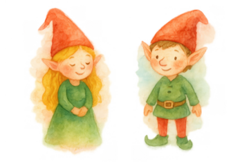 Watercolor cheerful christmas elves boy and girl characters standing together with transparent background