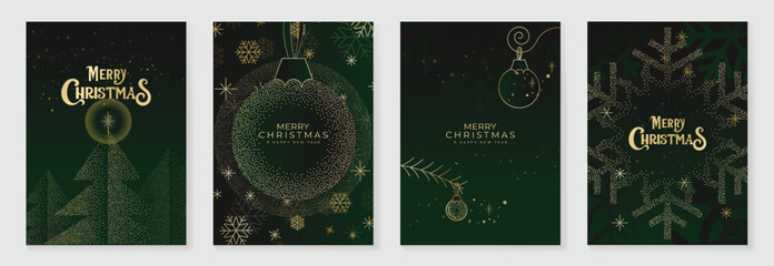 Luxury green Christmas card vector set with elegant baubles, snowflakes and Christmas tree design, perfect for holiday greeting cards, festive invitations, posters and seasonal wall decoration