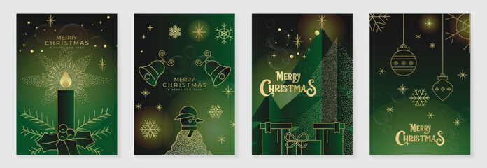 Luxury green Christmas greeting card vector set with candle, bells, Christmas tree and hanging baubles, perfect for holiday greeting cards, invitations, posters and seasonal wall art