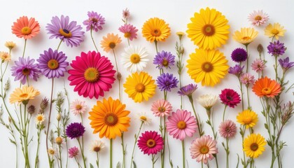 Obraz premium Wildflowers mix arranged on white background, bright colorful petals, minimal style