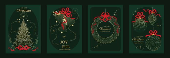 Luxury green and gold Christmas card vector set with festive tree, baubles and red ribbon accents, perfect for greeting cards, invitations, posters and product packaging