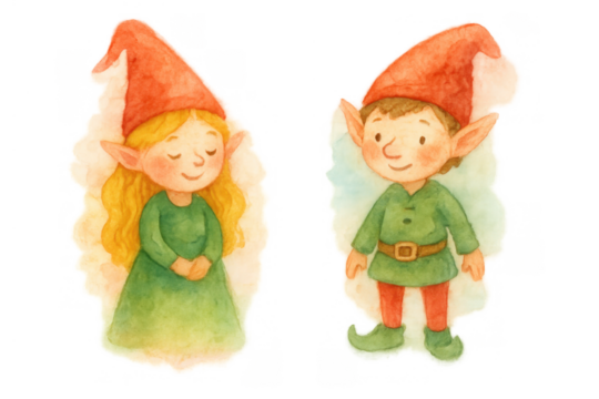 Watercolor cheerful christmas elves boy and girl characters standing together with transparent background - Powered by Adobe