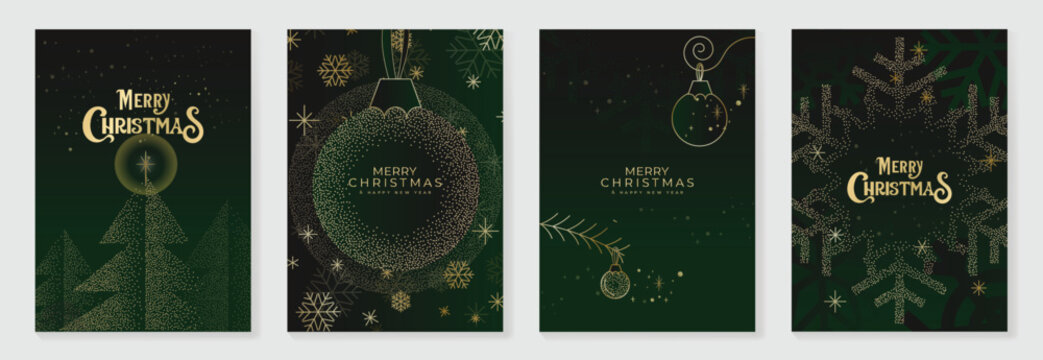 Luxury green Christmas card vector set with elegant baubles, snowflakes and Christmas tree design, perfect for holiday greeting cards, festive invitations, posters and seasonal wall decoration