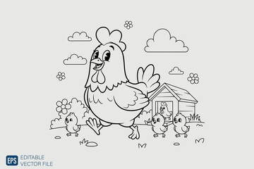 Happy Hen with Her Cute Chicks Walking Together.