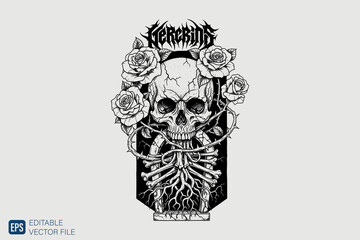 Gothic skull design with roses and roots in a coffin shape.