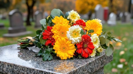 Vibrant Flower Bouquet on Gravestone Surrounded by Autumn Leaves