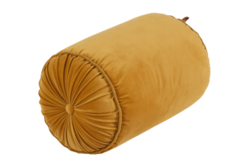 Luxurious mustard yellow velvet bolster pillow with elegant tufted ends and decorative cord trim, isolated on a transparent background. background removed